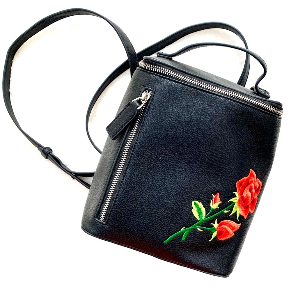 Black Backpack Purse Rose Embroidery